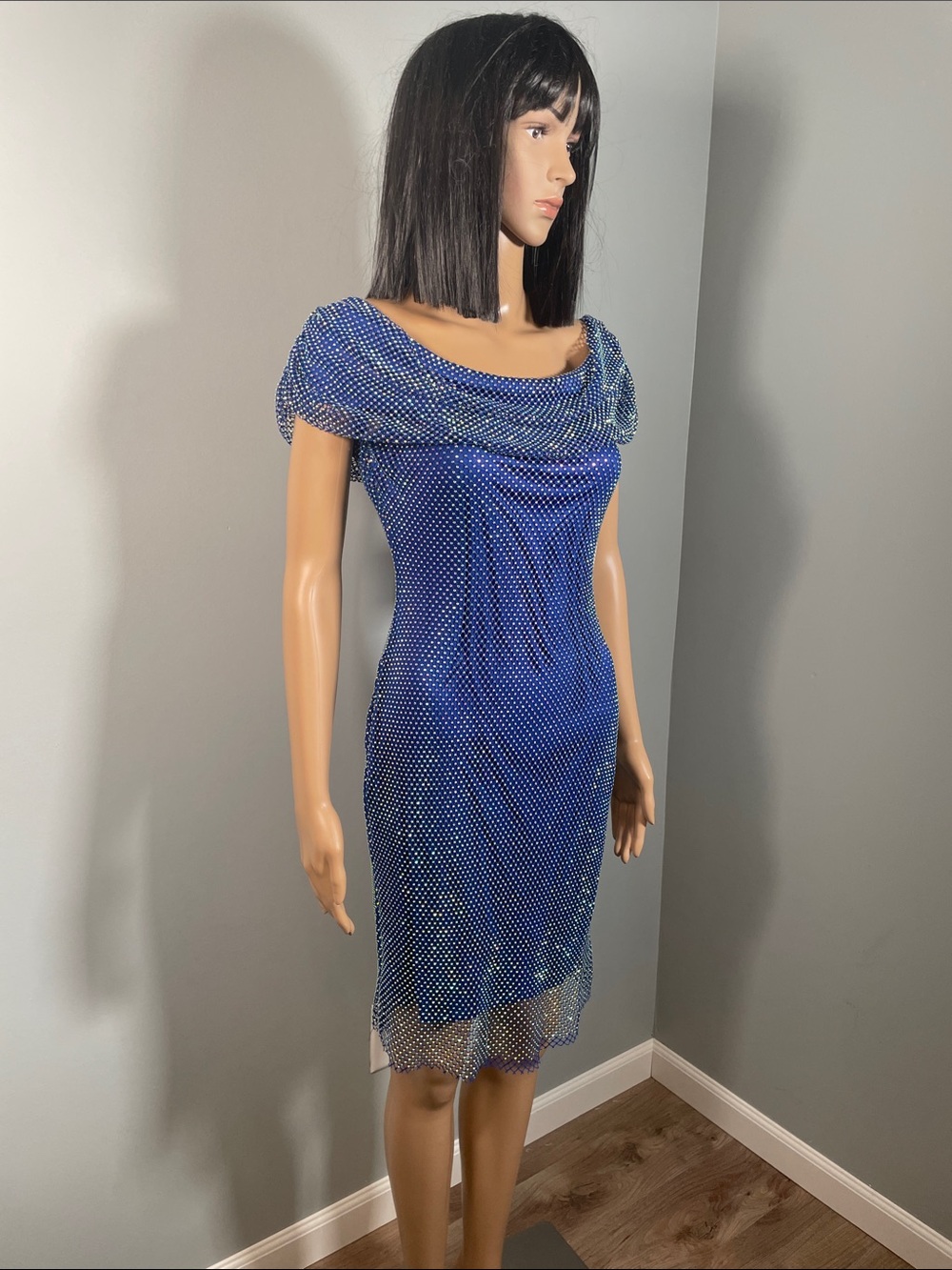 Taylor Royal Blue Rhinestone Mesh Mini Dress